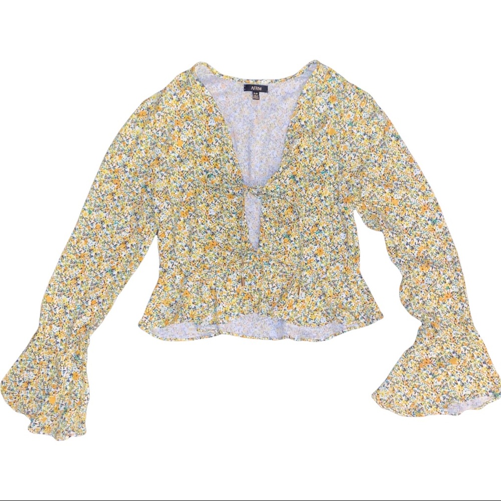 AFRM Lipa Yellow Floral Tie-Front Top (M)